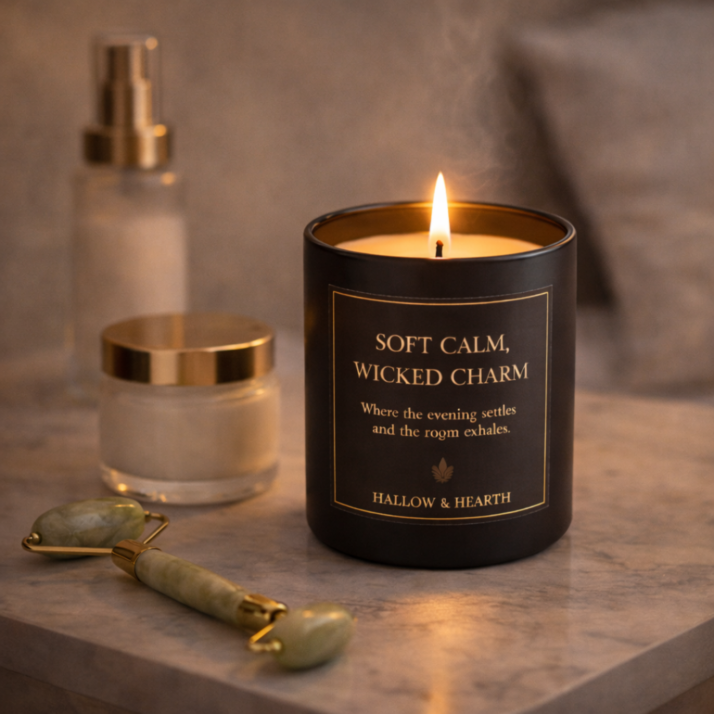 Soft Calm, Wicked Charm™ — Luxury Spa Candle with Clean Herbal Notes